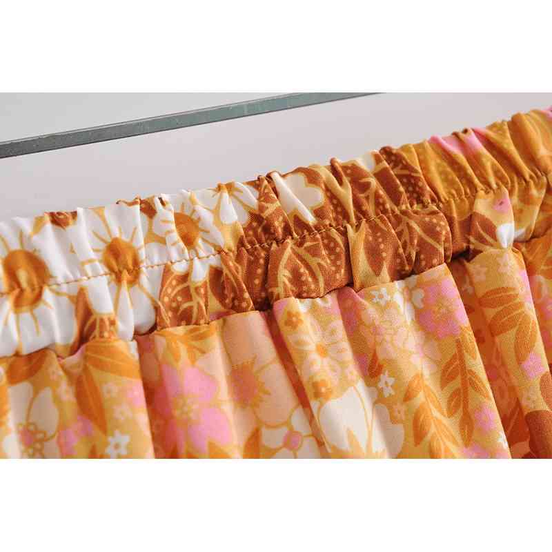 Bohemia Floral Print Long Skirt Turquoise Spliced Ruched Ruffle Hem Hippie Women Adjust Stream Waist Swing Skirts Holiday Beach 210429