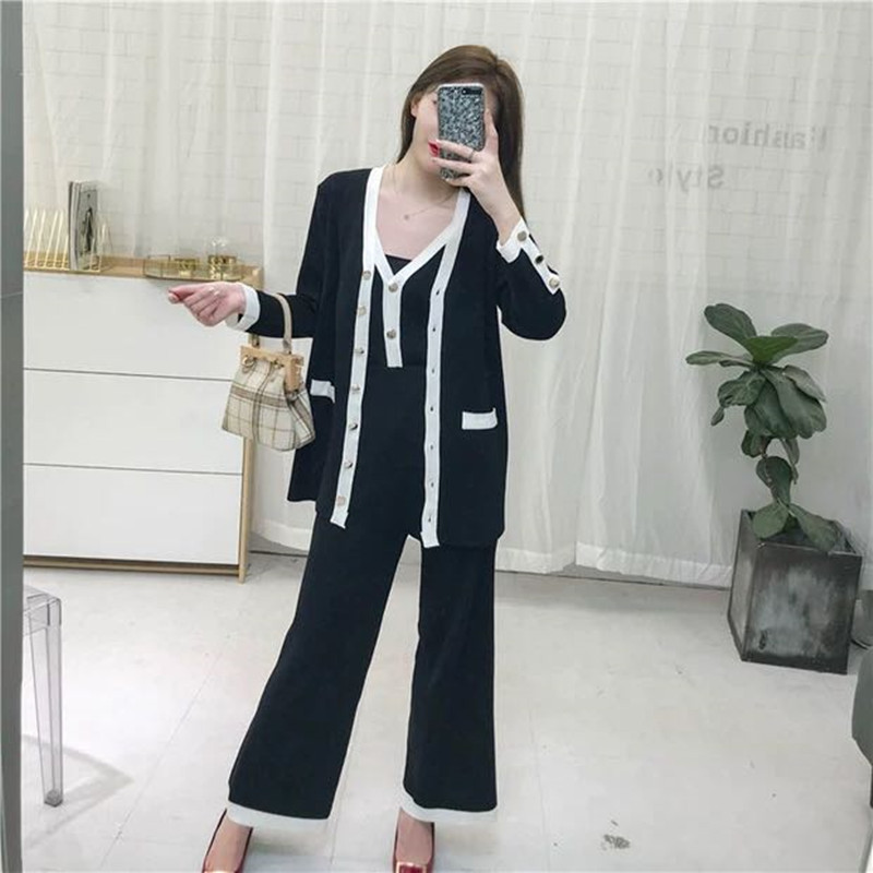 Women Casual Ol Pant Set Spring Ladies Small Fragrant V Neck Vest Top+cardigan+wide-leg Pants Suit Knitted Three-piece Suit 210515