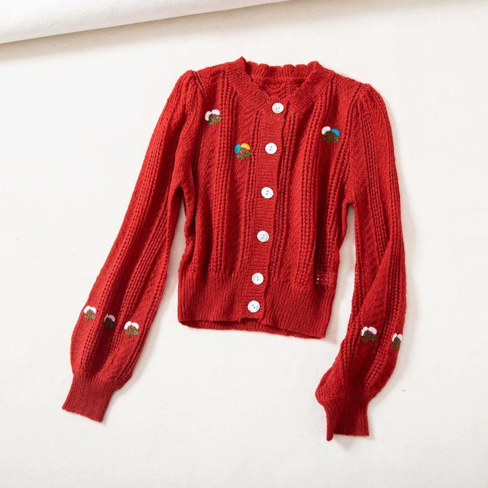 French Style Retro Embroidery Knitting Hole Button Through Crop Pointelle Knit Cardigan Sweater Woman O neck Long Sleeve Jumper 210429