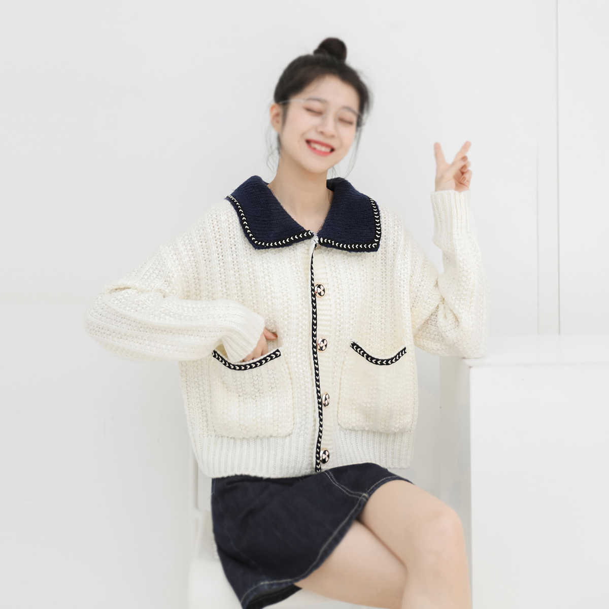 H.SA Women Autumn Sweater and Cardigans Turn Down Collar White Knit Cardigans Button Pearl Elegant Cardigan and Jumpers 210716