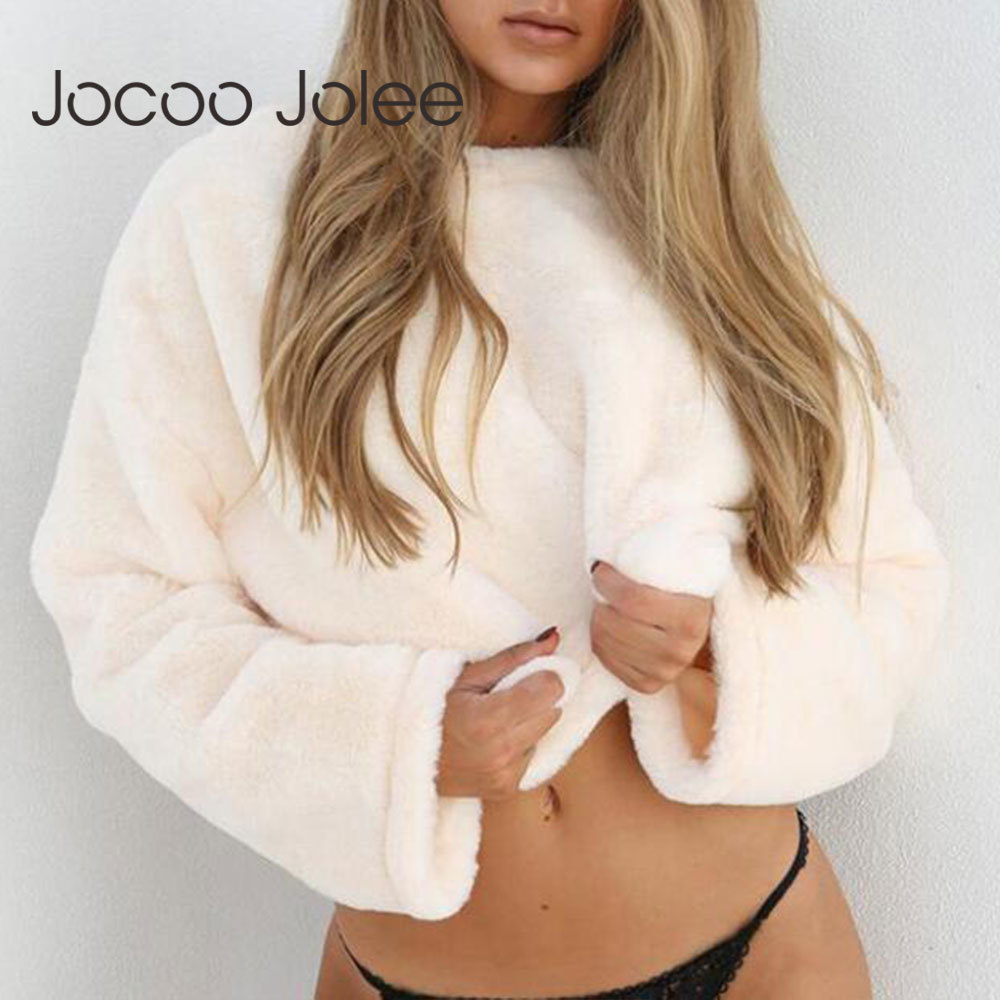 Long Sleeve O Neck Plush Cropped Tops Casual White Pink Pullovers Sexy Short Vintage Fleece Sweatshirts 210428