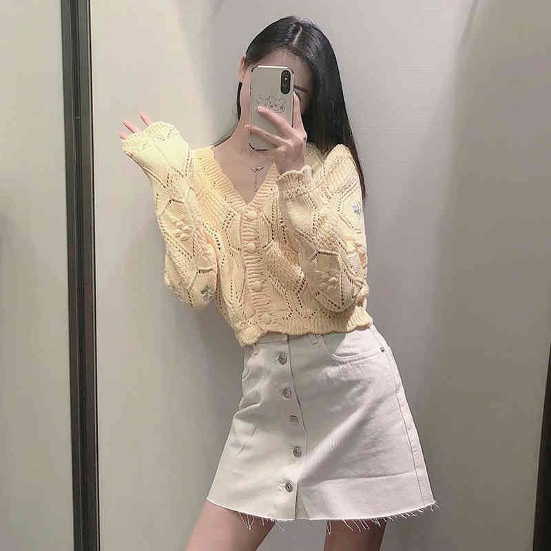 Women Flower Embroidered Knitted Jacket Spring Casual Girls Sweet Single Breasted Cardigan Coat knit Tops 210521