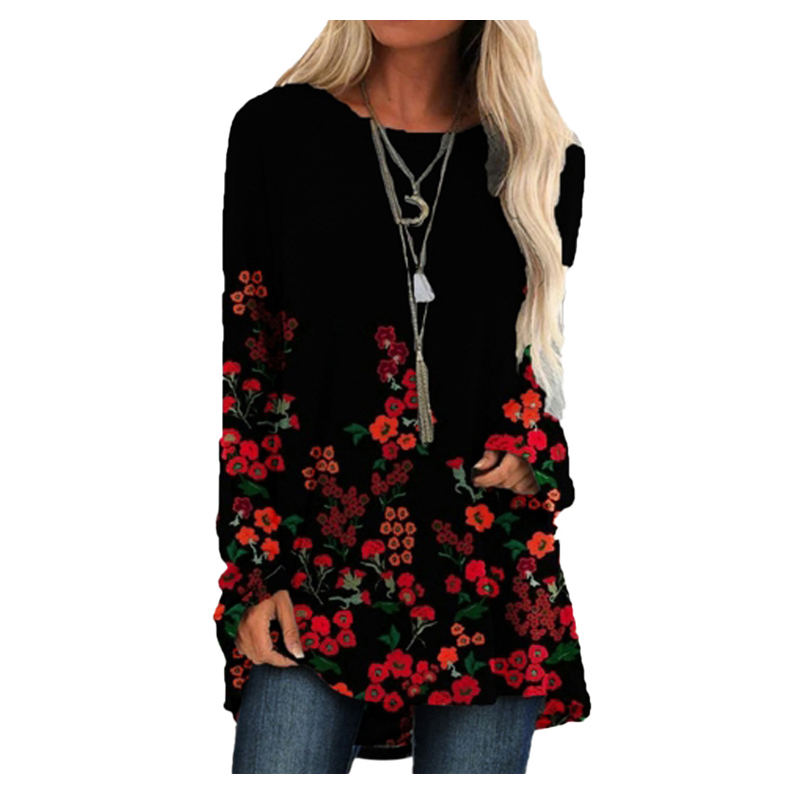 Ladies T-Shirt Spring Fashion Vintage Print Flower Women's Clothing Long Sleeves Tops Casual Plus Size Comfortable Tops 210515