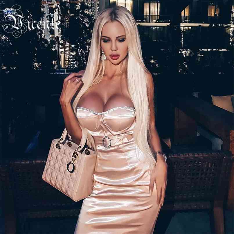 

Trendy Beads Embellished Sexy Strapless Sashes Desgin Celebrity Party Club Satin Dress 210520, Beige