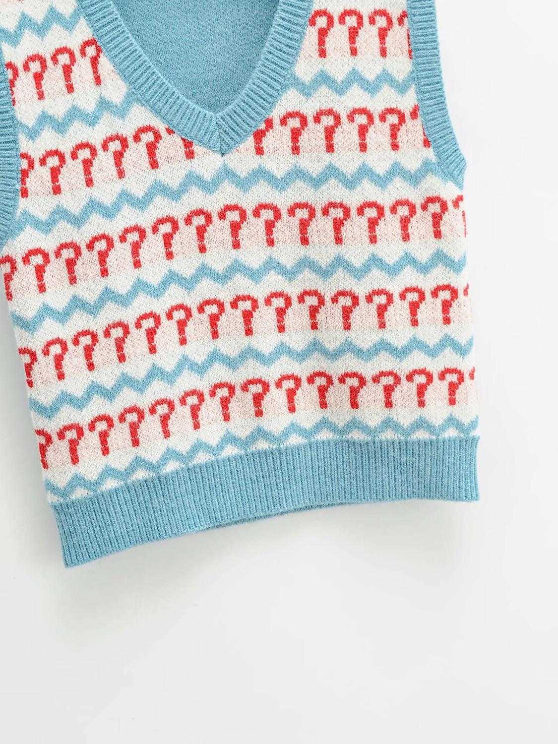 Preppy Style Jacquard Geometric Knitted Sweater Vest Women 90's Vintage Korean Clothing Striped V Neck Tank Top Y2K Knitwear 210819