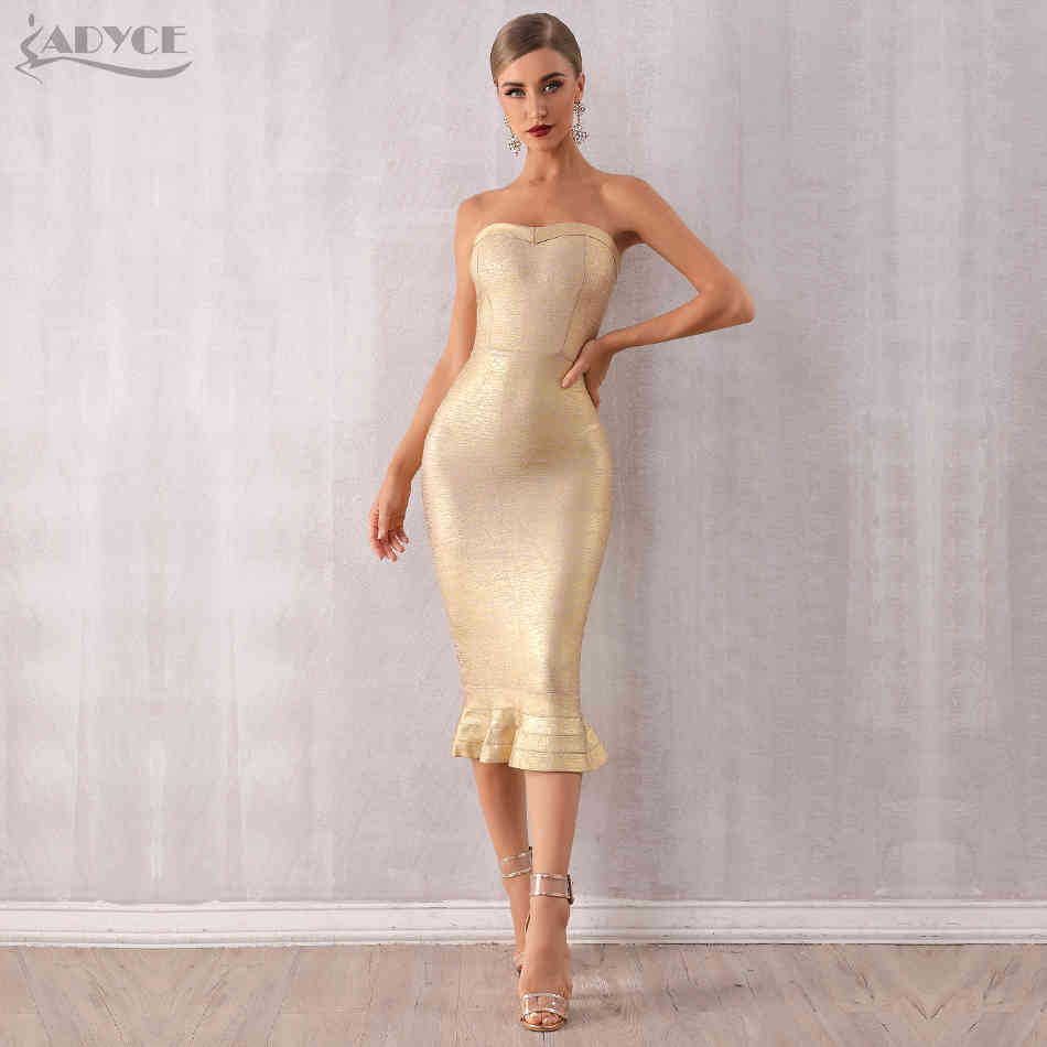 Summer Women Gold Runway Bandage Dress Vestido Sexy Sleeveless Strapless Club Elegant Celebrity Party 210423