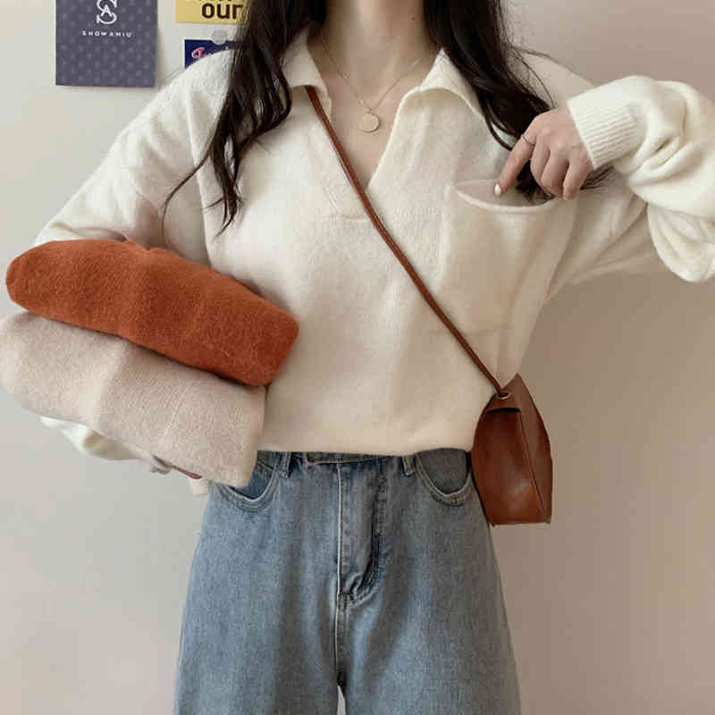 Women V-neck Pullover and Sweaters Solid Casual Knit Pull Jumpers Autumn Winter Knitted Sweater Tops Femme 210519