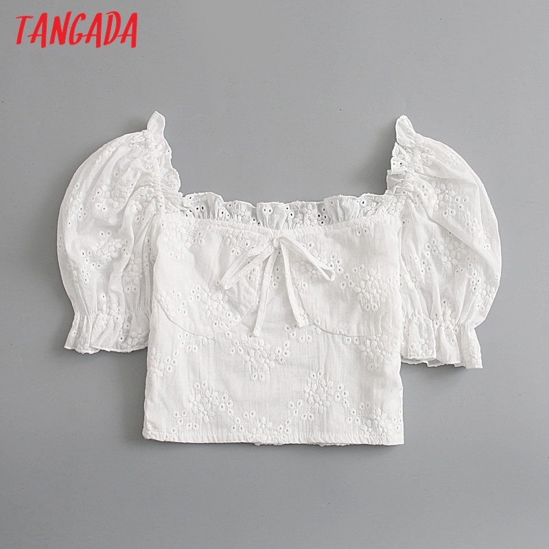 Women Retro Flowers Embroidery Crop Short Sleeve Summer Chic Female Sexy Slim Shirt Tops 8M10 210416