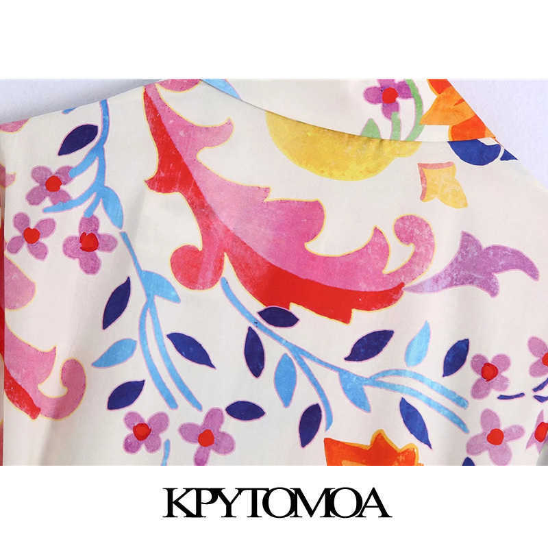 KPYTOMOA Women Chic Fashion With Belt Floral Print Midi Dress Vintage Three Quarter Sleeve Button-up Female Dresses Mujer 210630