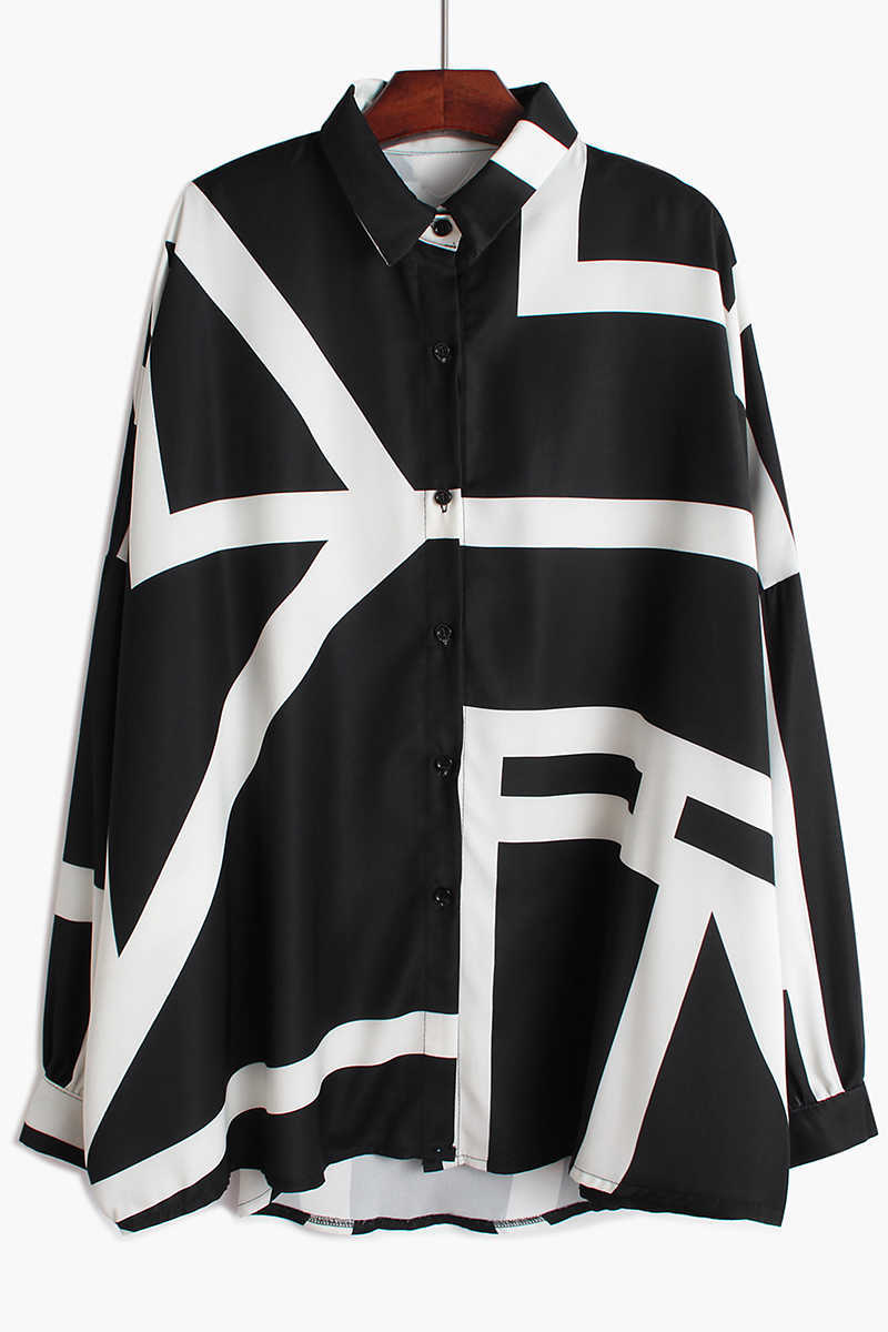 Irregular Geometric Printing Panelled Women Shirts Batwing Sleeve Loose Plus-sized Drape Spring Womens Tops and Blouses 210615Z