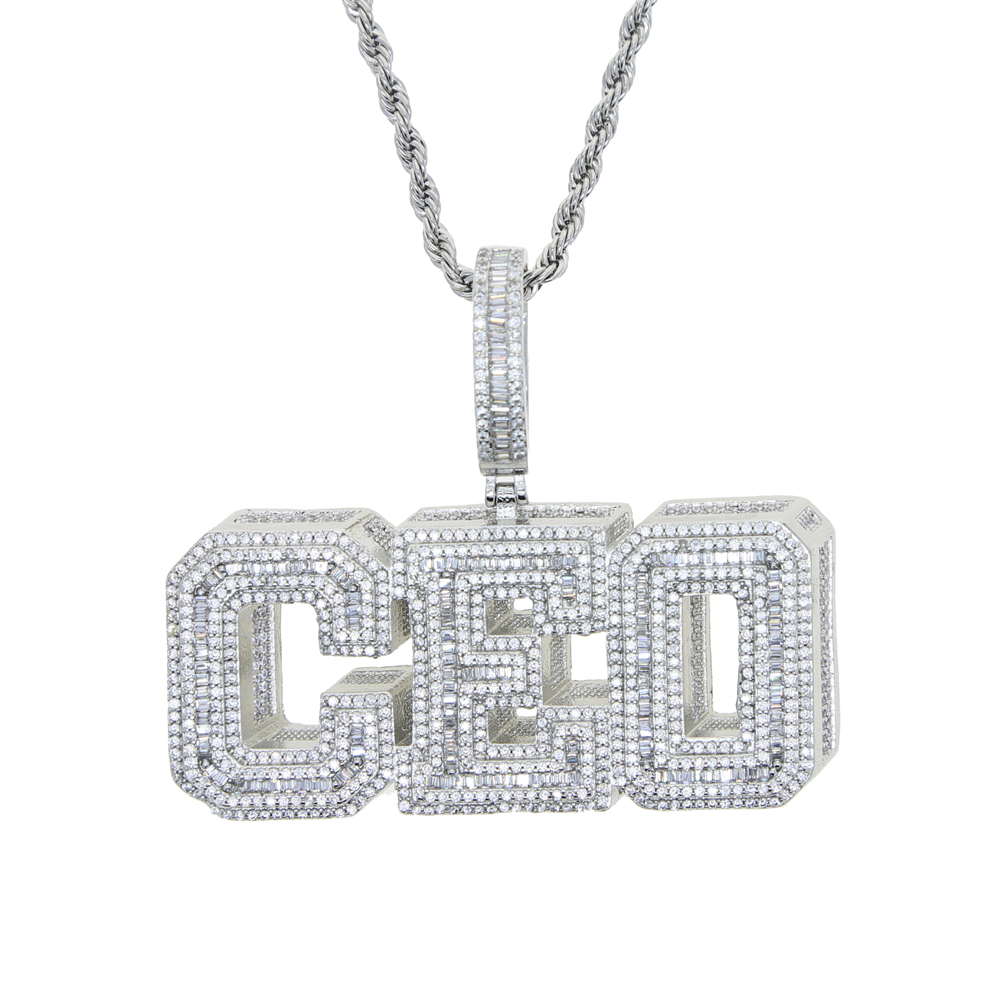 New styles hip hop Letter CEO shadow Charm Pendant Necklace with Rope chain Gold Silver Paved Full cz stone Punk styles jewelry wholesale stock