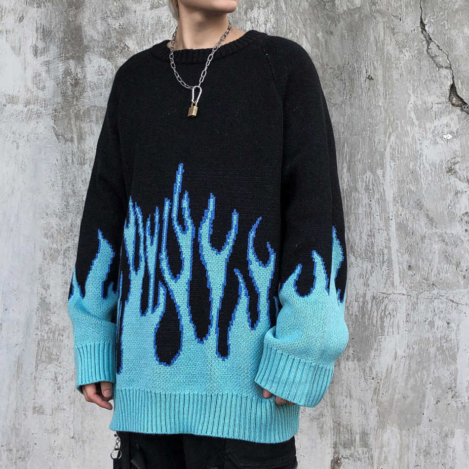 Autumn New Men's Retro Flame Pattern Hip Hop Sweaters Pull Over Spandex O-neck Oversize Couple Casual Streetwear Y0907