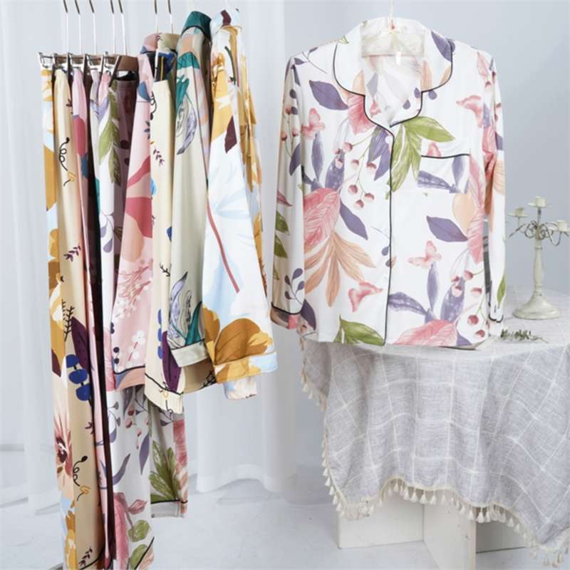 Spring Autumn Women's pajamas 100%Viscose long sleeves trousersset woman 2 pieces Sleepwear women's Floral Printed 210928