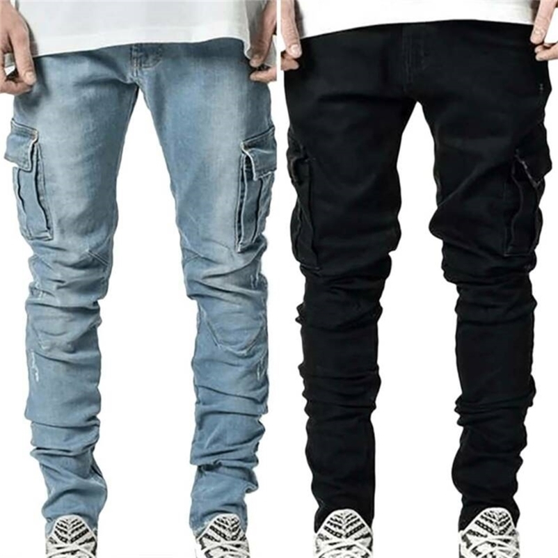 Men Solid Skinny Pockets Denim Cargo Combat Pants Jeans Slim Fit Trouser Bottoms Fashion Men's Casual Outwear Jeans 211120
