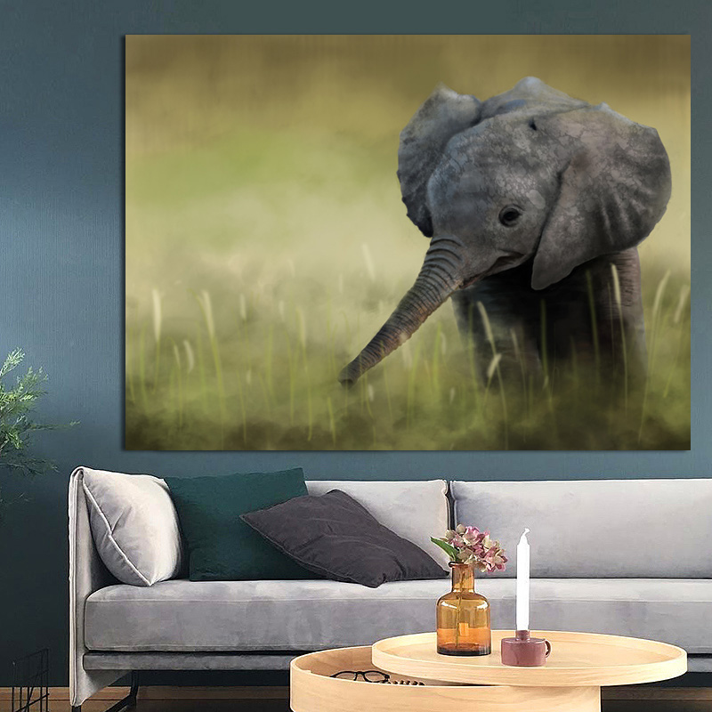 Wall Art Decoration Elephant Cubs Animal Painting Green Landscape Picture Printed on Canvas for Living Room Poster Cudros Decor