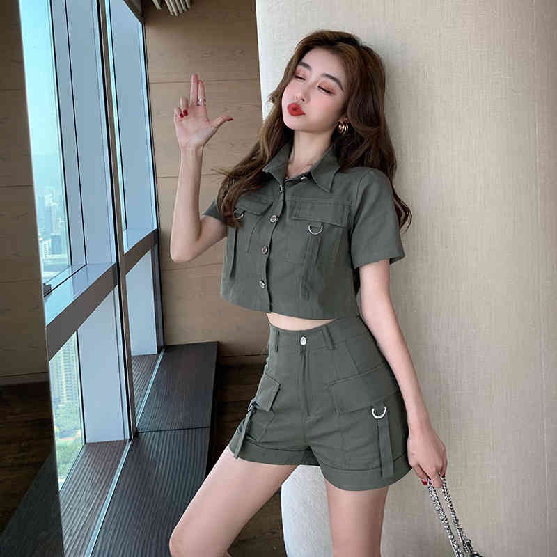2 Piece Set Summer Women Casual Fashion Solid Color Lapel Short Sleeve Blouse Tops + High Waist Shorts Female 210519