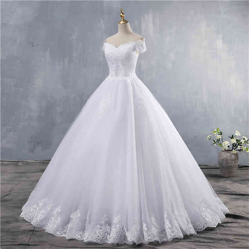 ZJ9143 White Ivory Lace Appliques Ball Gown Cheap Off The Shoulder Short Sleeves Bridal Dress Wedding Dresses