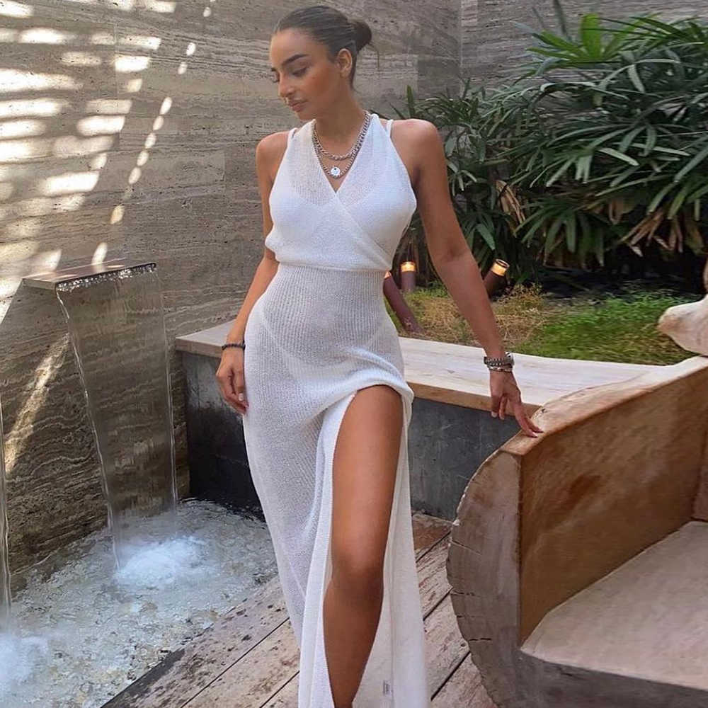 White Sexy Backless Knitted Beach Dress Women Bikini Cover Up Holiday Bodycon Mini Casual Dresses Summer Vacation Outfits 210729