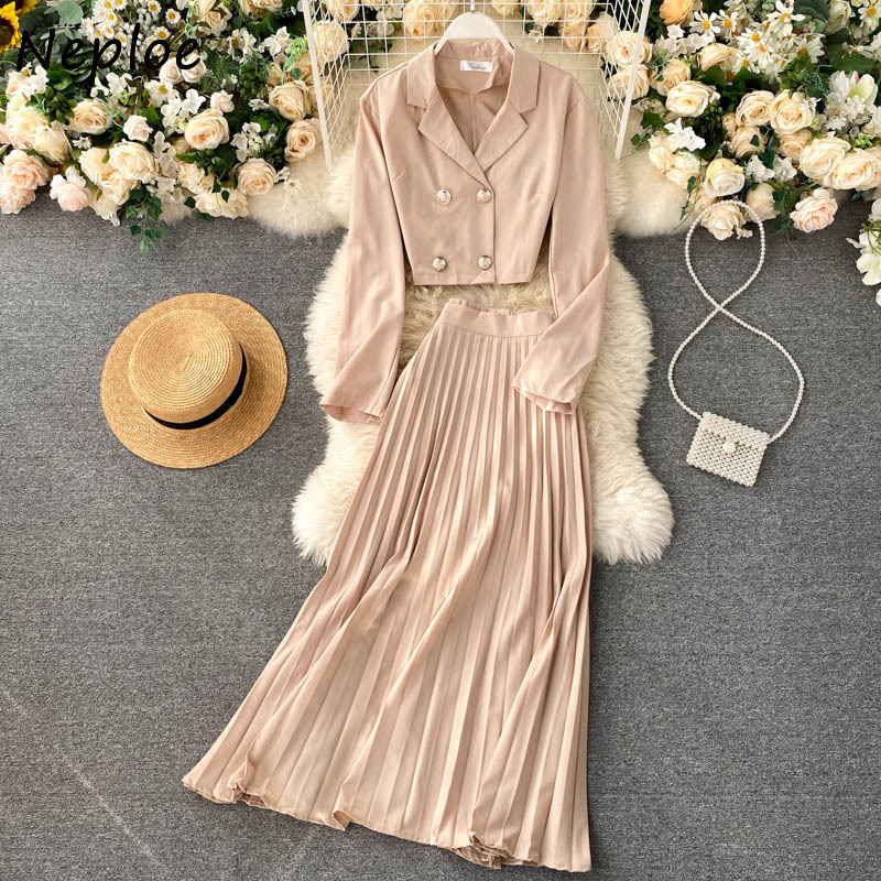 Neploe Temperament Knit 2 Pcs Women Set Turn Down Collar Long Sleeve Short Cardigans + High Waist Hip A Line Pleat Skirt Suit 210422