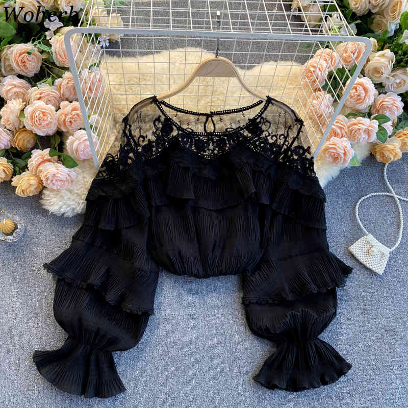 Women Sweet Ruffle Chiffon Blouse Spring Summer Long Sleeve Sexy Mesh Shirts Ladies Lace Blusas Korean Tops Clothes Mujer 210519