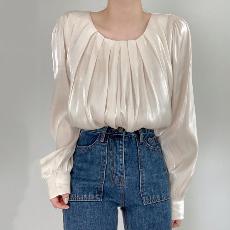 Nomikuma Causal Solid O-neck Women Blouses Korean Pleated Puff Long Sleeve Shirt Spring New Pullover Blusas Mujer 6D785 210427