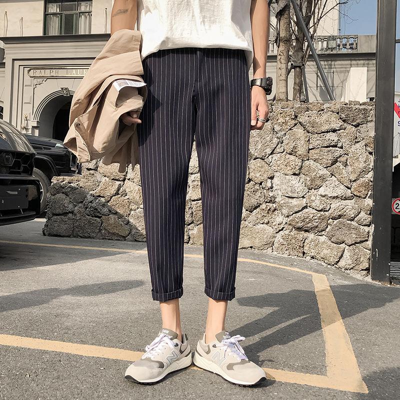 Men's Trousers 2021 Summer Nine-point Small Feet Loose Casual Pants Striped Large Size M-5XL Campus