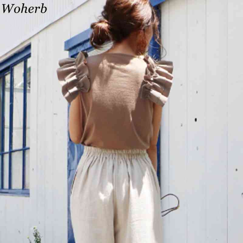 Korean Casual Ruffles Short Sleeve T-shirts for Women Chic Summer Solid Tshirt Female Fashion Top Lady Tees 210519