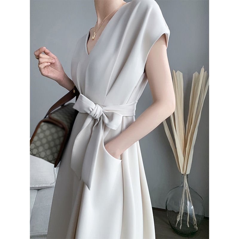 Elegant Slim Dress Women V-neck Short Sleeve Casual Midi Dress Office Lady Dress Korean Evening Party Summer Chic 210521