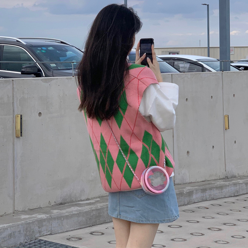 Spring Autumn Loose Knitted Sweater Vest Women Pink Green Plaid Sleeveless Waistcoat Female Korean Style Tops 210421