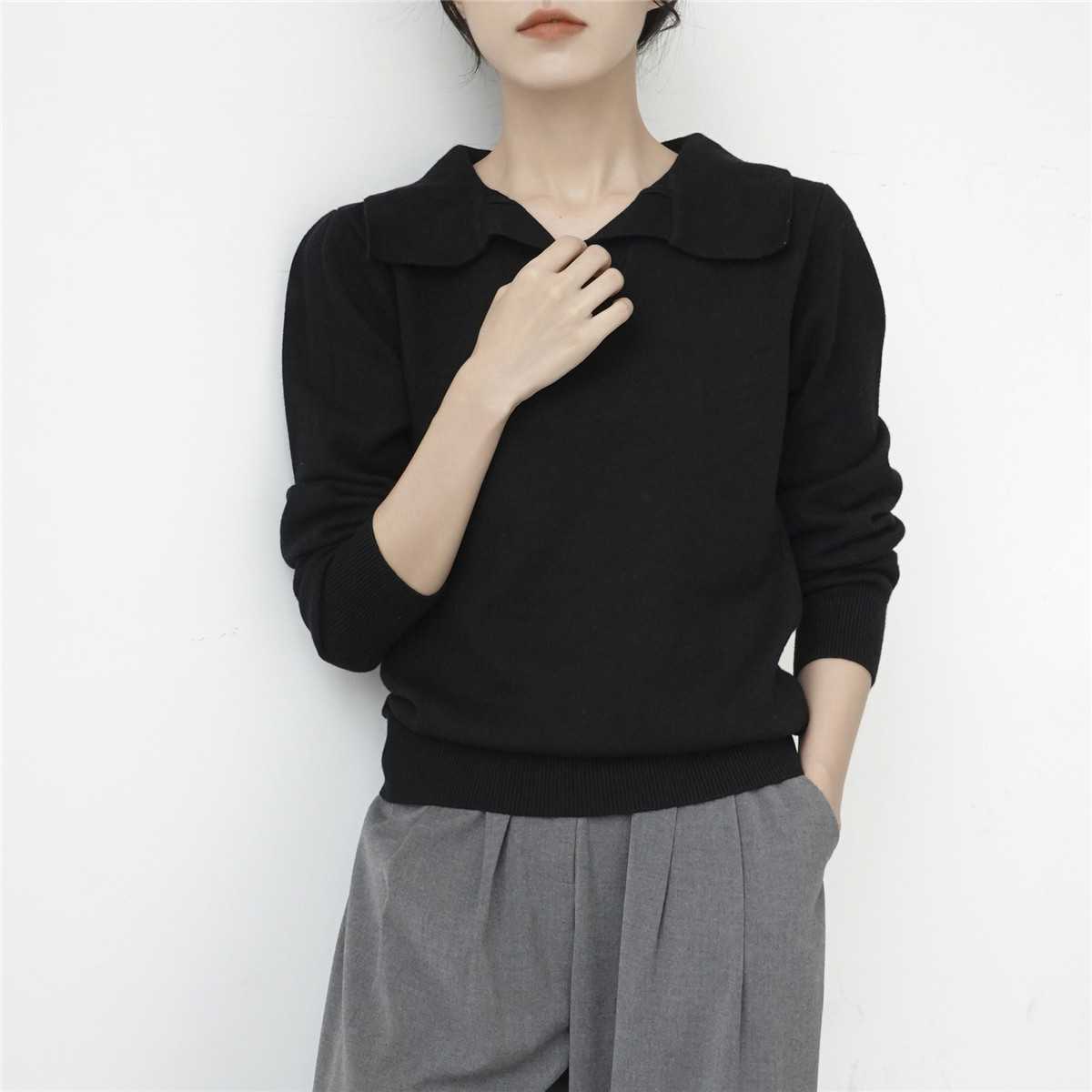Autumn Casual Lapel Knitted Long Sleeve Top Women's Jumper Solid Color V-Neck Pullovers Sweater Female Clothing 211011Z