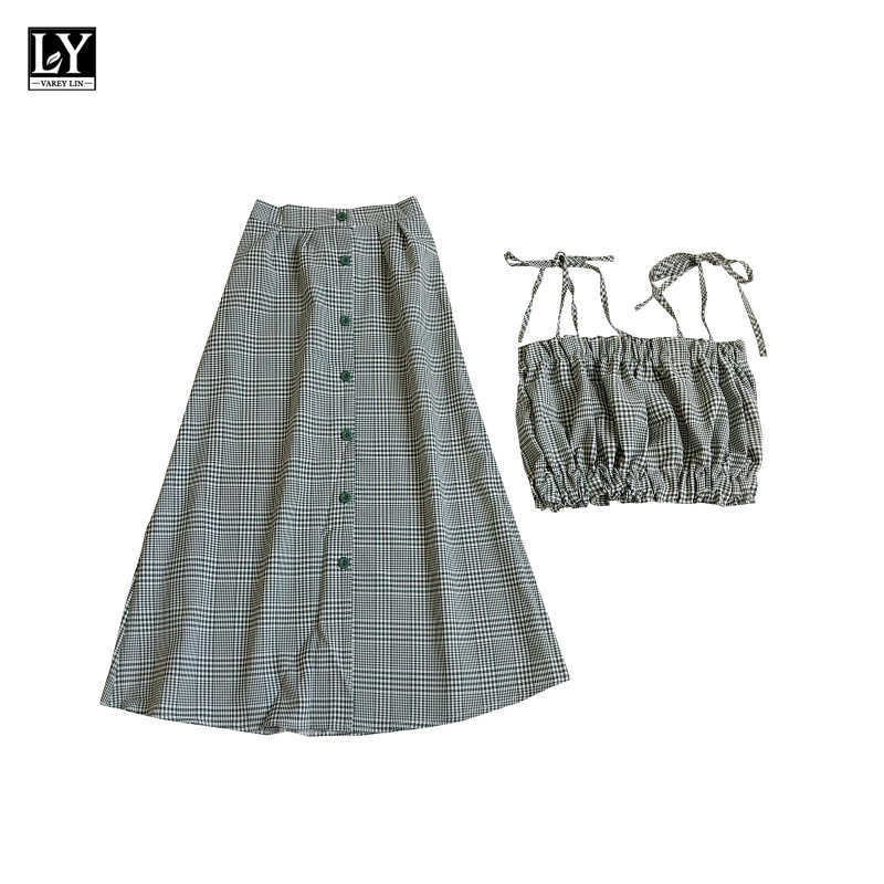 LY VAREY LIN Summer Casual Plaid Two Piece Set Slim Folds Lace-up Breast Wrapping Tops+Single Breasted High Waist Skirts 210526