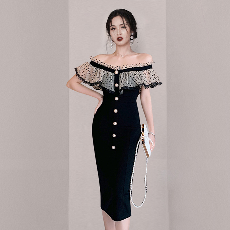 Korea Summer Fashion Sexy Dot Mesh Ruffles Slash Neck Bodycon Single-Breasted Office OL Pencil Dress Vestido Feminino 210519