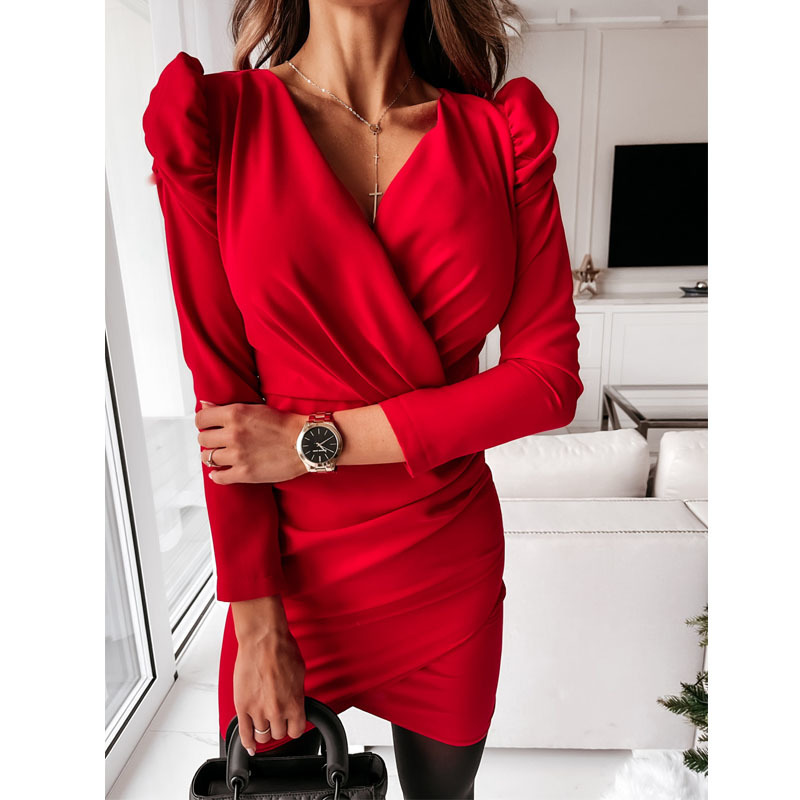 Puff Sleeve Vintage Sexy Red Dress Women Spring Summer V-neck Party Female Pleated Casual Ladies es Femme Robe 12834 210427