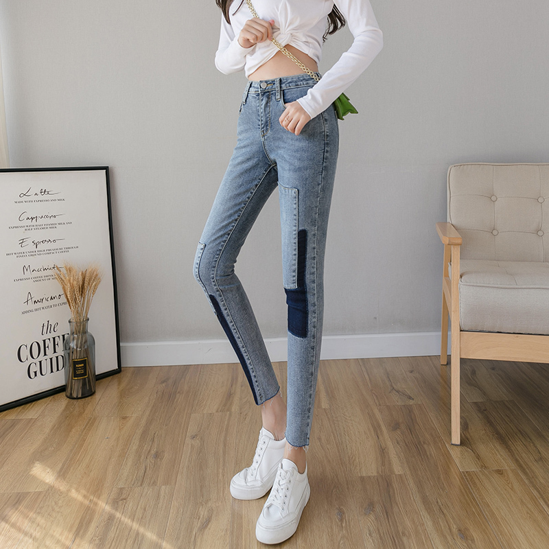 Ripped Jeans Women Korean Style High Waist Contrasting Color Stitching Elastic Tight Pencil Pants 660F 210420