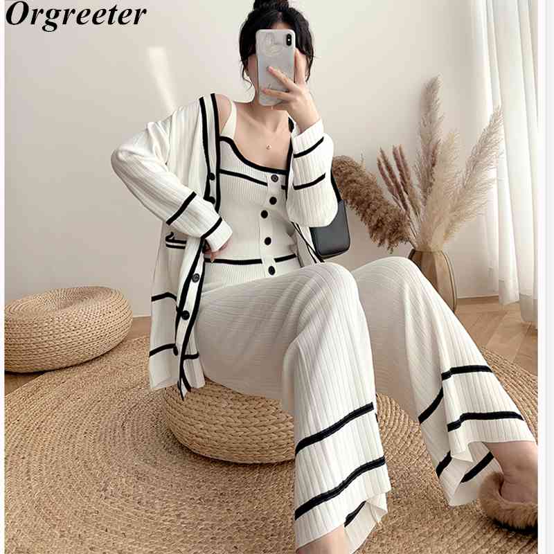 Striped Contrast Color 3 Piece Set Knitted Single-breasted Cardigan Tops +Sling Vest + Stretch Waist Wide Leg Pants Suits 210525, White
Striped Contrast Color 3 Piece Set Knitted Single-breasted Cardigan Tops +Sling Vest + Stretch Waist Wide Leg Pants Suits 210525, White
