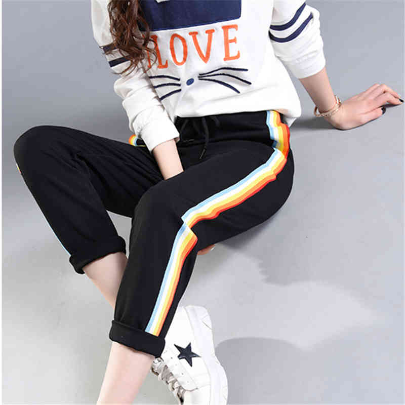Spring Summer Women Casual Sweatpants Rainbow Striped Printed Side Pant Ladies Loose Trousers Joggers Sweat Pants Plus Size 210426
