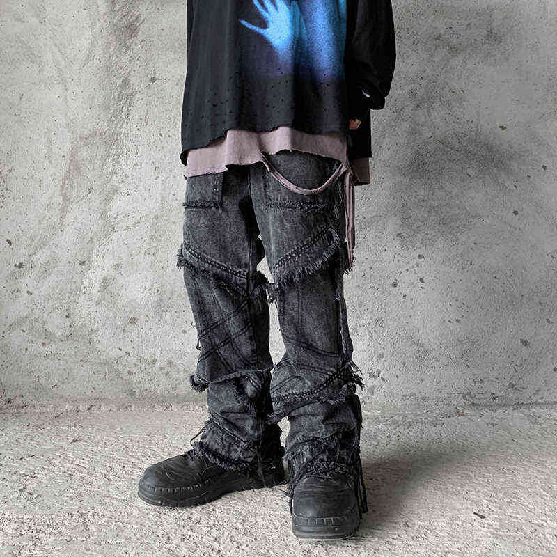 UNCLEDONJM Hip hop flare jeans men clothing wide leg jeans streetwear black goth clothes jeans for men 211120