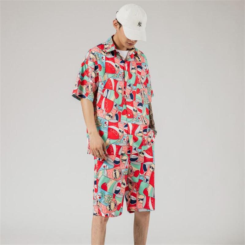 Hawaiian Style Fashion Large Banana Leaf Print Short Sleeve Men's Comfortable Ice Silk Loose Beach Casual Shorts 2-piece Set Tracksuits