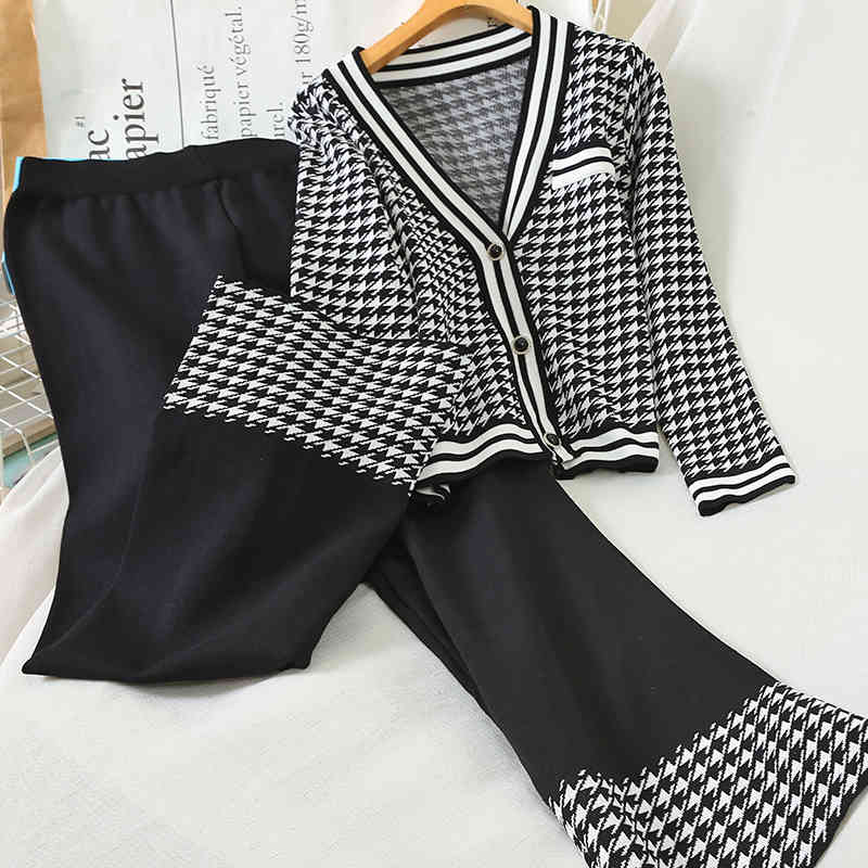 Houndstooth Korean Two Piece Sets Outfits Women Single-breasted Cardigan + Wide Leg Pants Suits Fashion Elegant Ladies 210514