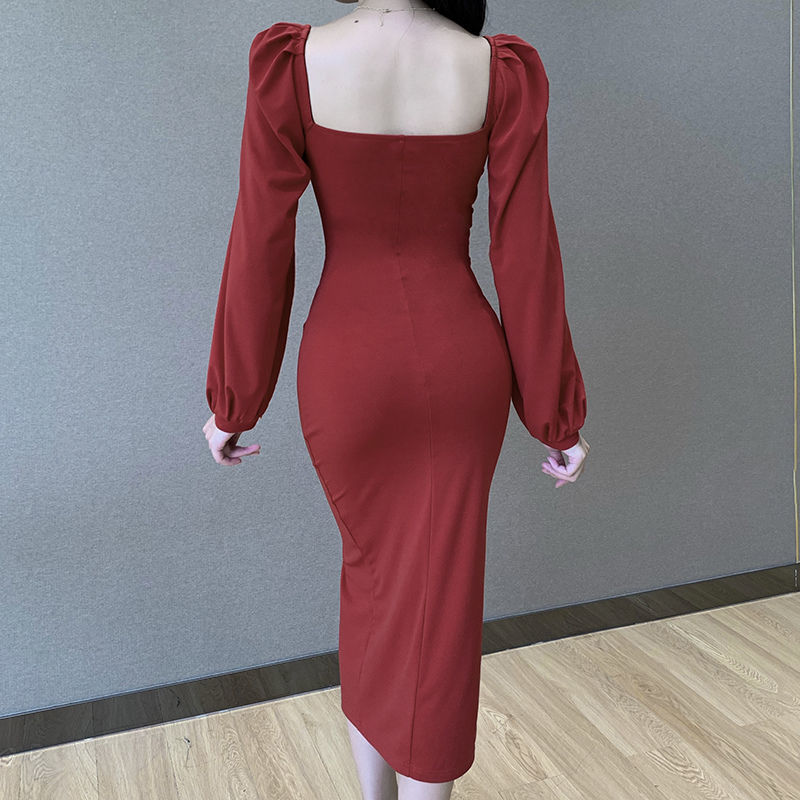 Women's Off Shoulder Split Dresses Casual Square Neck Puff Sleeve Bodycon Party Midi Autumn Elegant High Waist Slim 210522
