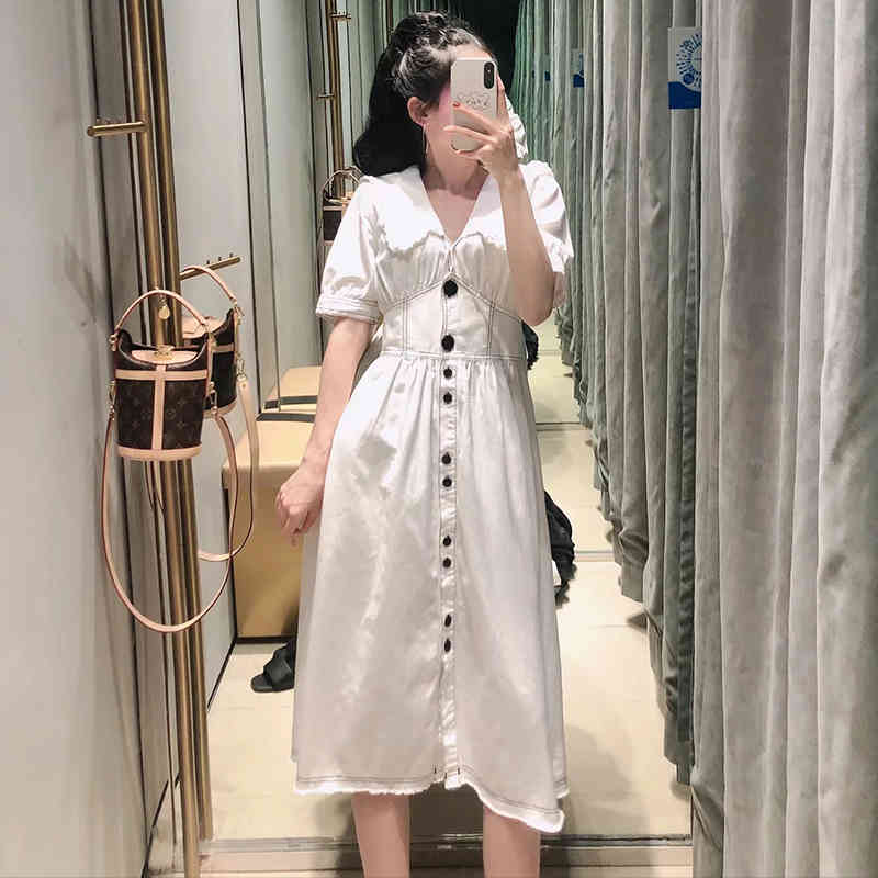 Elegant A Line White Midi Dress Women Striped Casual Short Sleeve Cotton es Lapel Collar Summer With Buttons 210515