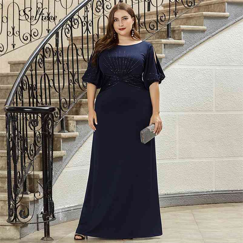 Plus Size Women Dress Mermaid Beaded Half Sleeve O-Neck Bodycon Evening Party Dress Ladies Long Formal Dress Vestido De Festa 210331