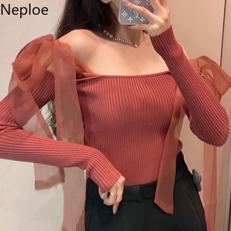 Neploe Sexy Slash Neck Pullovers Tops Gauze Bow Off Shoulder Knitted Cropped Sweaters Women Sweet Jumper Sueter Mujer 4G931 210422