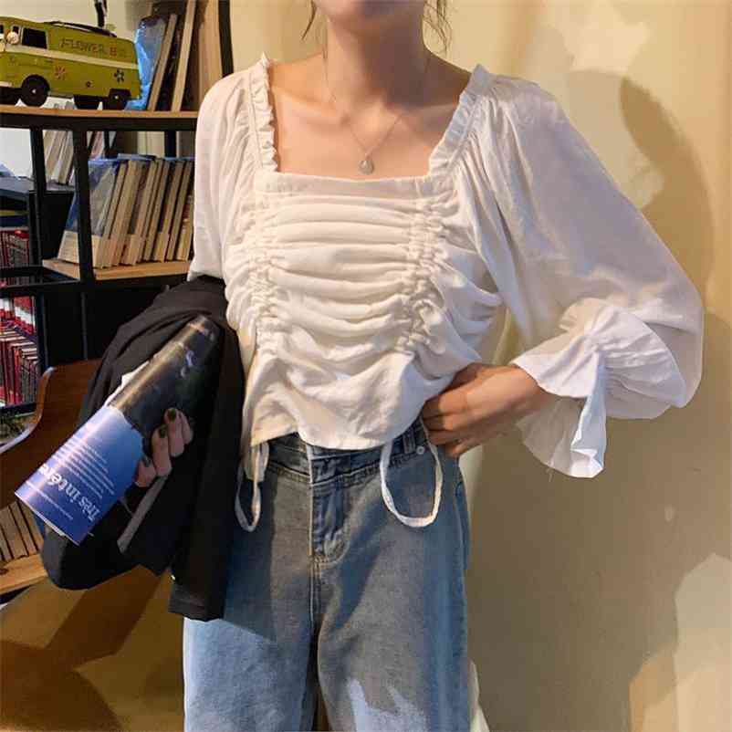 Shirts Women Slim Fashion Ruched Retro Korean Style Leisure All-match Simple Lovely Students Stylish Girls Solid Ruffles Ins 210517, Black
Shirts Women Slim Fashion Ruched Retro Korean Style Leisure All-match Simple Lovely Students Stylish Girls Solid Ruffles Ins 210517, Black