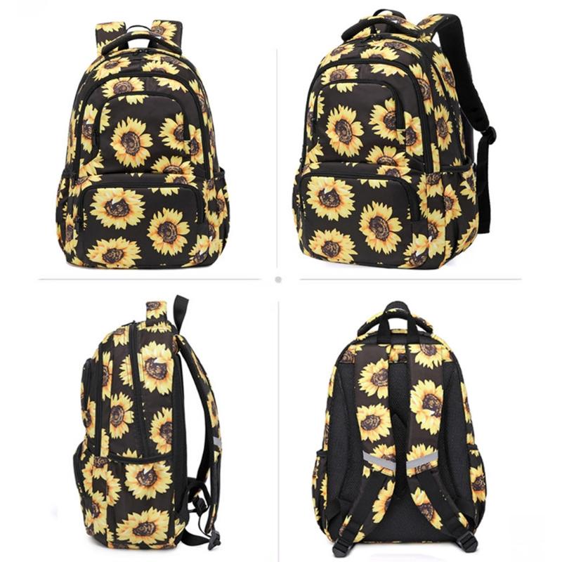 Sunflower Print Laptop Backpack With Reflective Strip Floral Girls Bookbags Women Casual Daypack Lightweight School Bag College