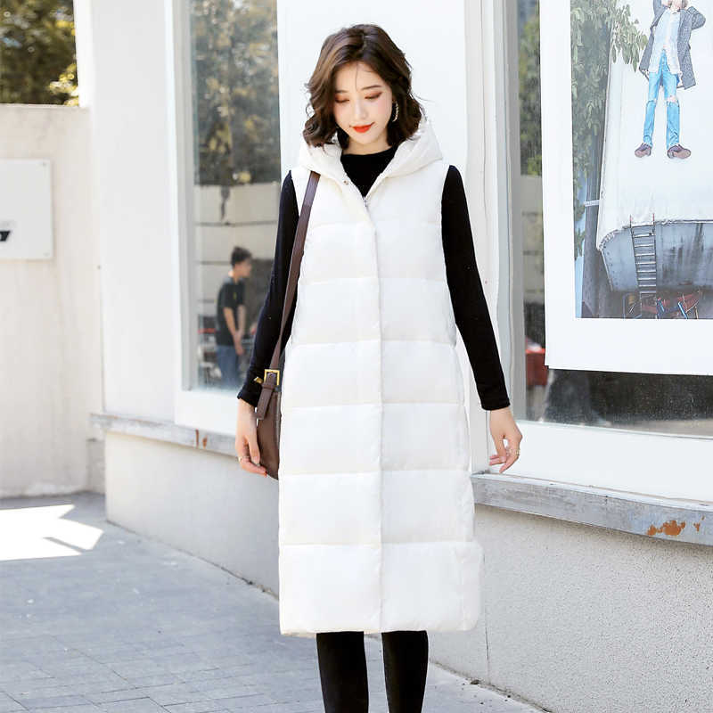 Hooded Solid Winter X-Long Thick Vest Jacket for Women Casual Loose Down Cotton Waistcoat Quilted Zipper Sleeveless 211220