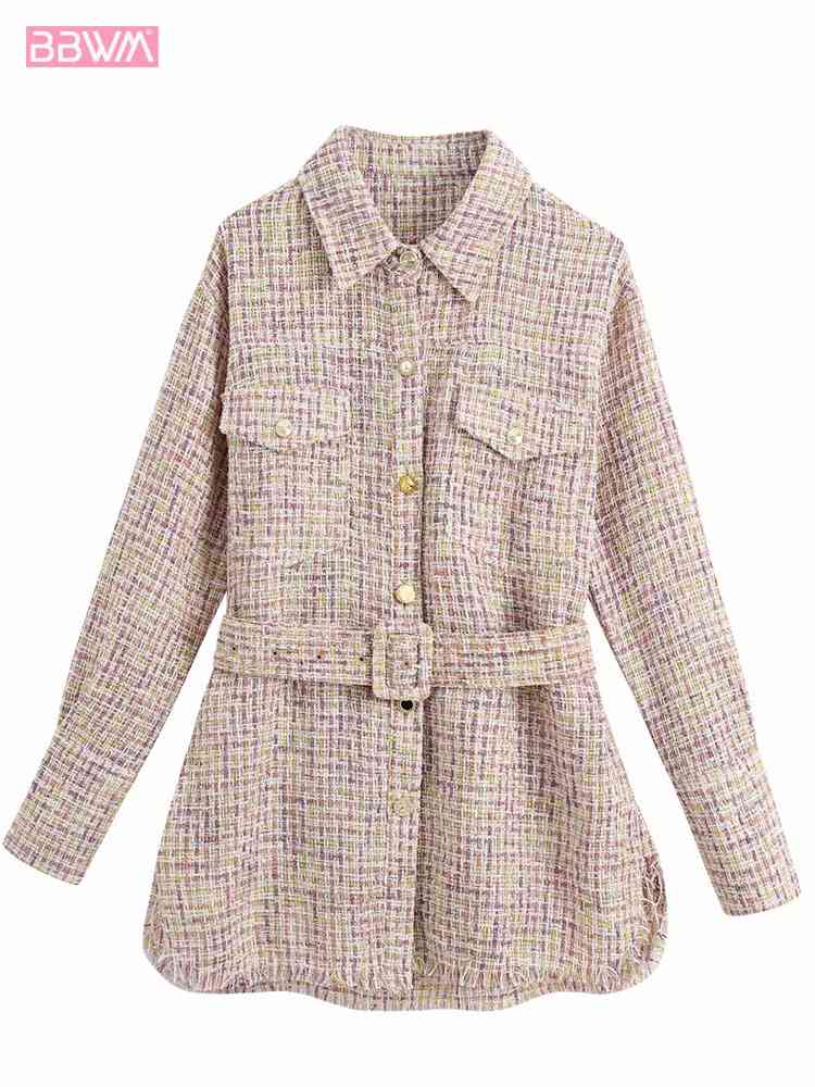 Small Fragrance Color Plaid Lapel Single Breasted Long Sleeve Chic with Belt Female Jacket Korean Autumn Fashion Women's Coat 210507