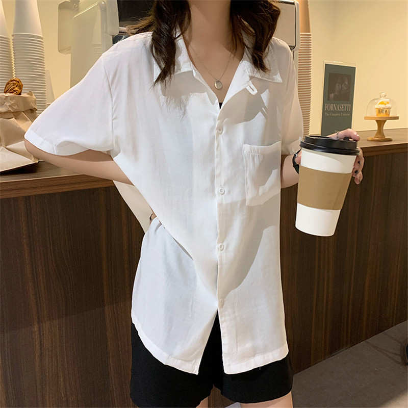 OL Chic Elegant Loose Shirt Women Summer Blouses Office Lady Wear Solid Casual Short Sleeve Outwear Tops Blusas 210421
