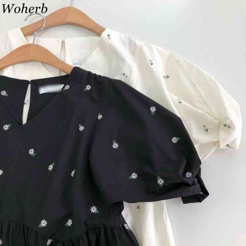 Summer Casual V-neck Long Dress Women Floral Embroidery Korean Loose Elegant Dresses Ladies Cute Chic Robe Vestidos 210519