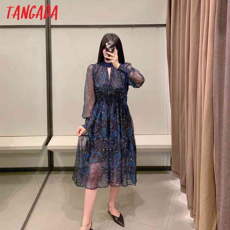 Fashion Women Flowers Print Elegant Chiffon Long Sleeve Office Ladies Midi Dress 2W77 210416